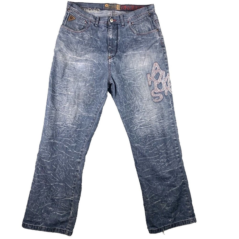 Akademiks Embroidered Baggy Distressed Jeans Wide 38x33 Streetwear Skater Grunge